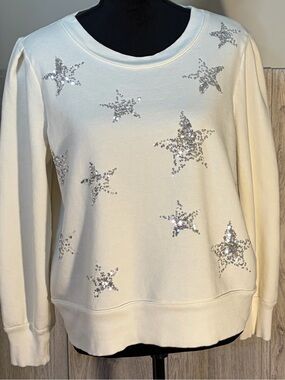 Talbots Women's Silver Sequin Stars Sweatshirt Top Pleated Long Sleeve Cream L